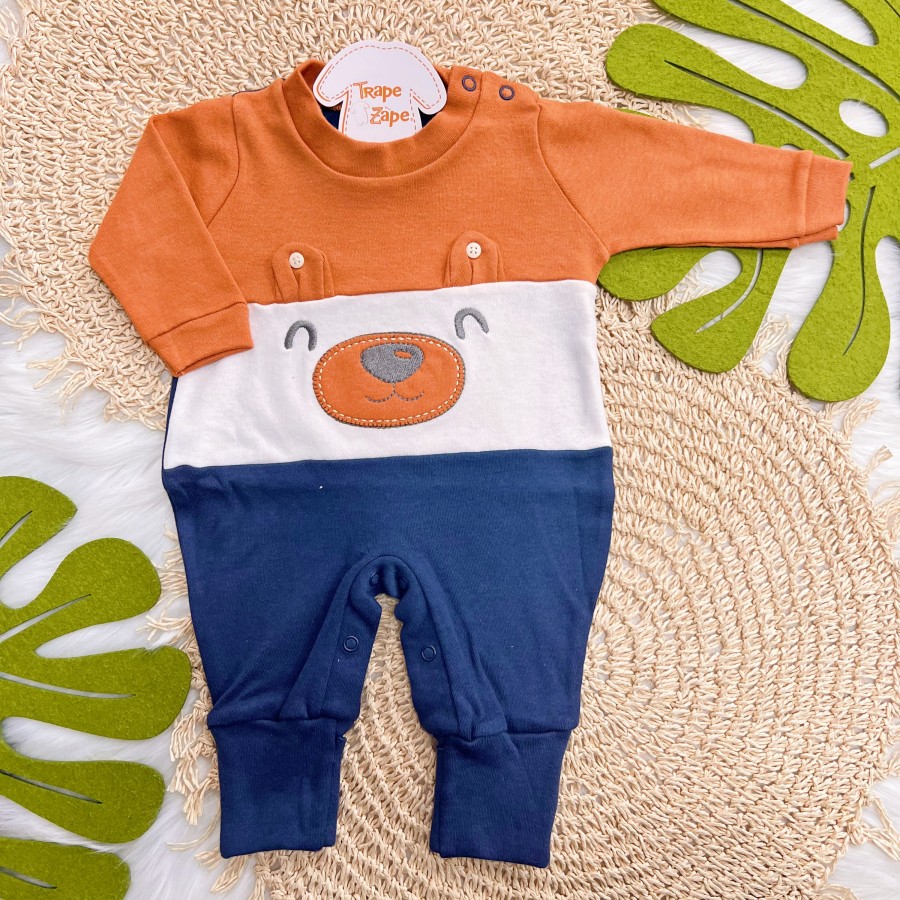 Macacão com Pé Reversível Ursinho - Marinho e Ferrugem